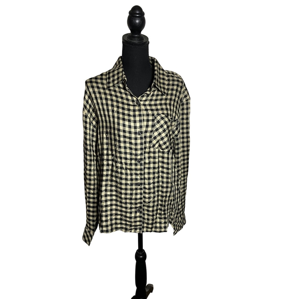WEWOREWHAT Black Beige Gingham Plaid Boyfriend Shirt Top Blouse Oversized XXS/XS
